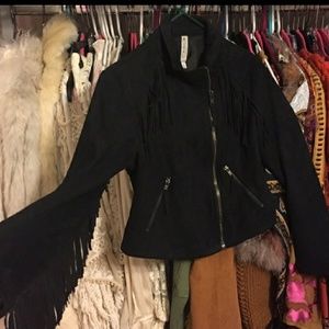 Vegan suede fringe moto jacket